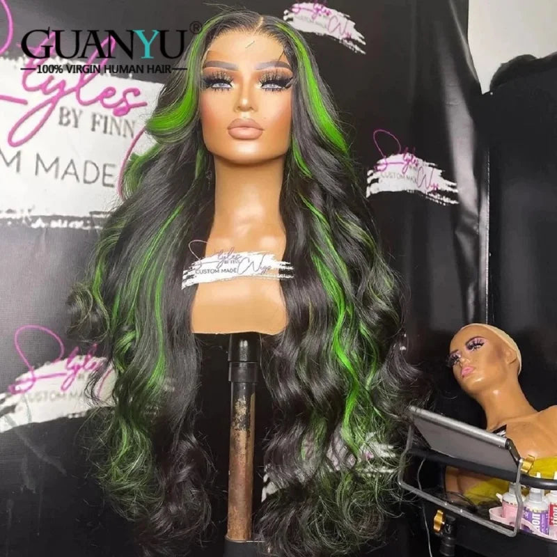Highlight Green Human Hair 13x4 Lace Front Wigs For Women Green with Black Color Glueless Body Wave Lace Closure Wig Pre Plucked