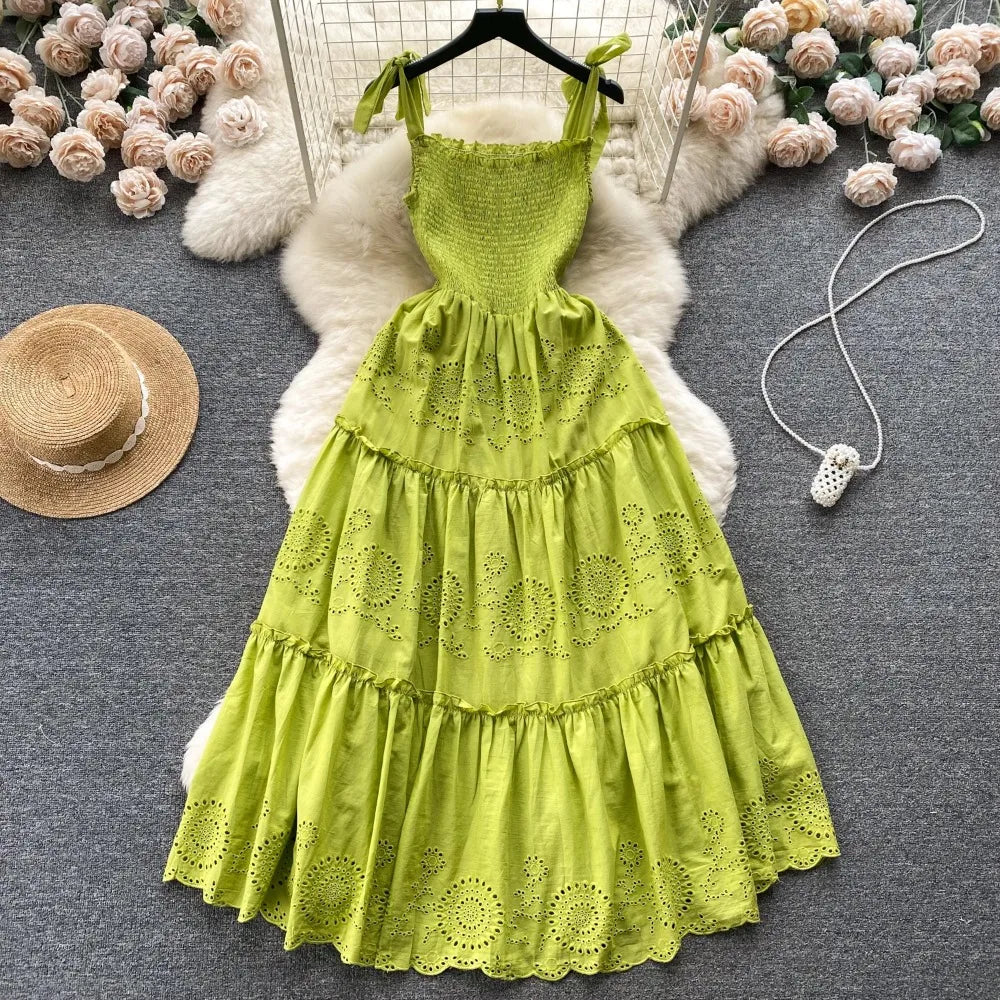 Elegant Sexy Backless High Waist embroidery Slip Dress Fairy A-line Summer Beach Vacation Slim Women Evening Party Dress