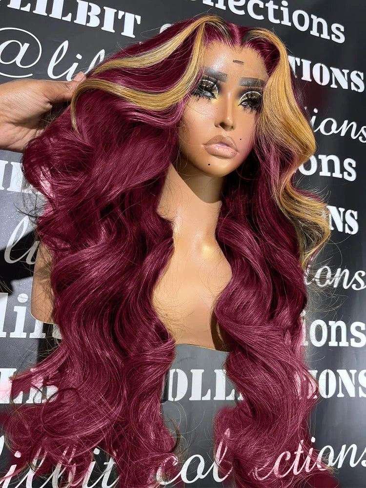 Burgundy 613 Colored Wig 200 Density 13x4 HD Lace Frontal Glueless Highlight Body Wave Human Hair Wigs