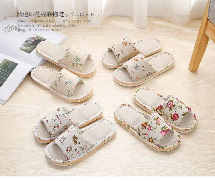 Four Season Linen Home Slippers – Women’s Indoor Non-Slip Floral Slides with Cartoon Cat Design
