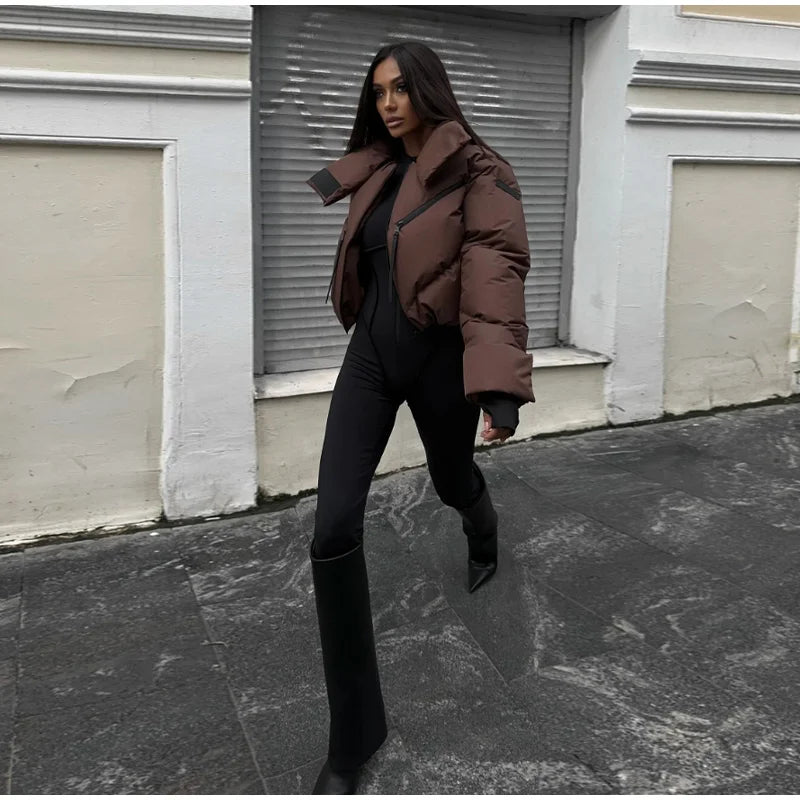 Street Thicken Cotton Women Short Coat Long Sleeve Zippers Pocket Pocket Stand Female