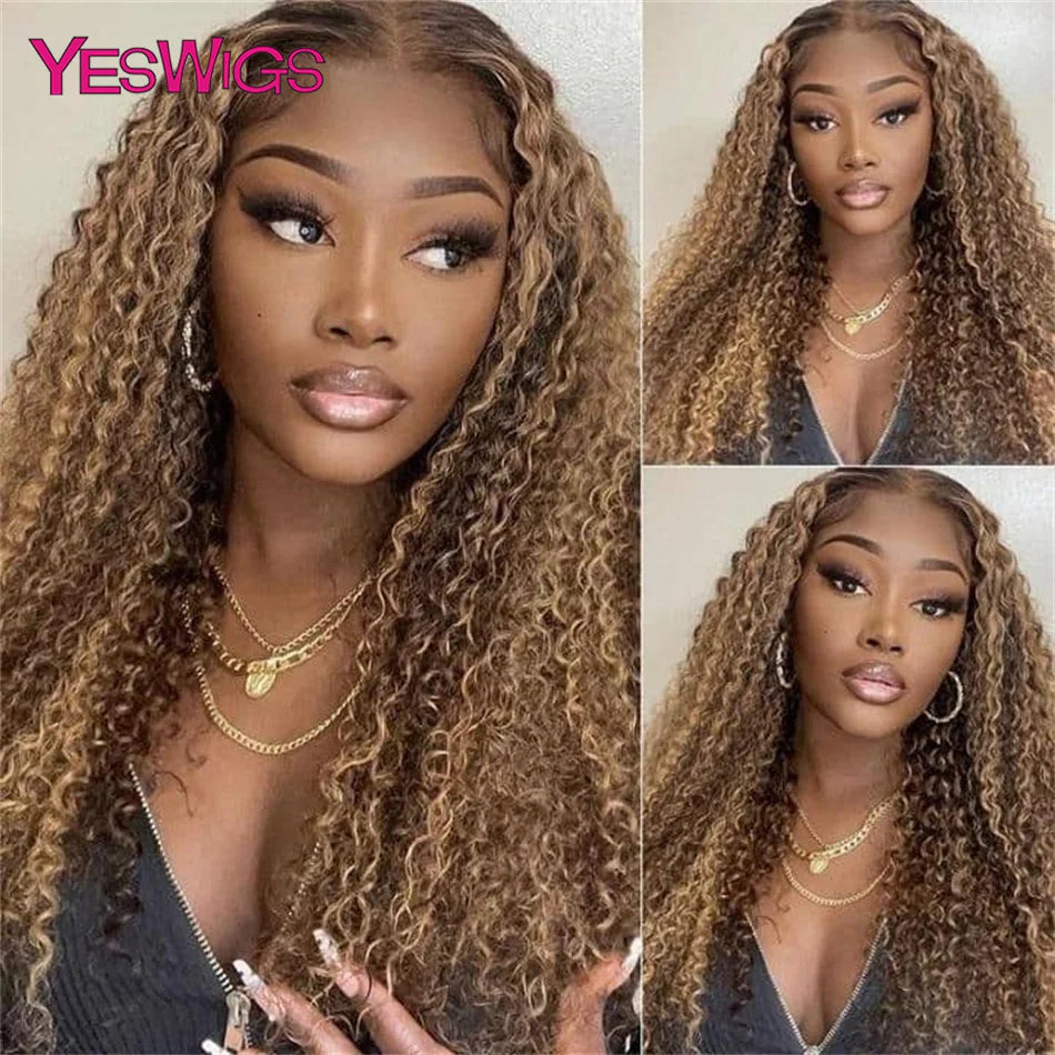 HD 13x6 Brown Lace Front Wig Honey Blonde Colored Curly Human Hair Wigs Highlight Wig Human Hair 13X4 Deep Wave Lace Frontal Wig