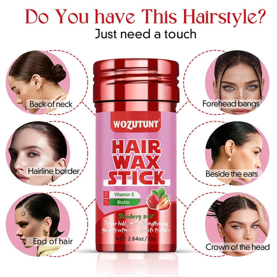 Strawberry Hair Wax Stick – Vitamin E Styling Pomade for Frizz Control & Texture