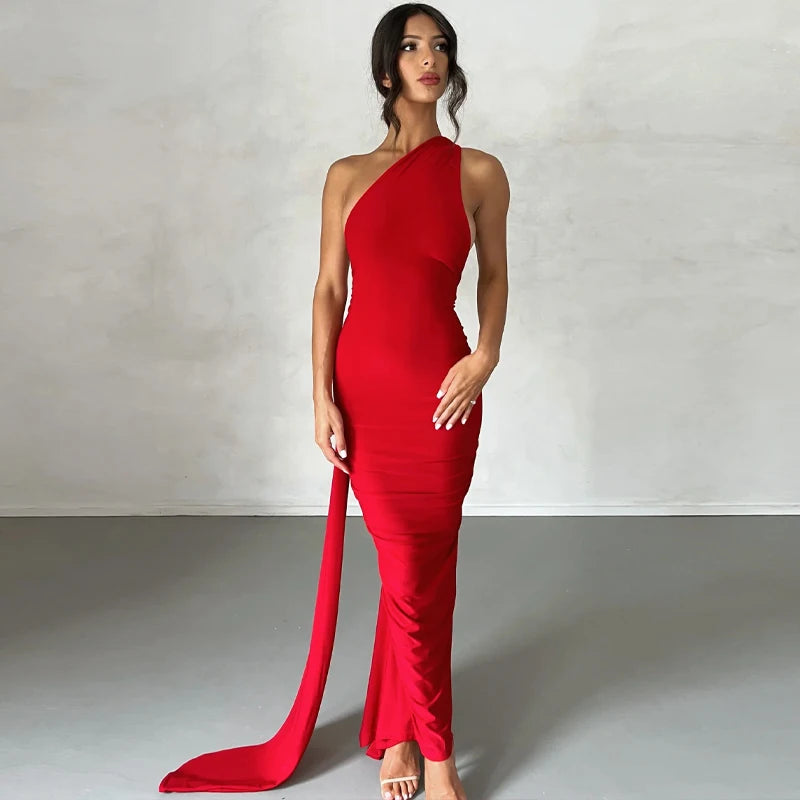 Dulzura Neon Y2K Clothes One Shoulder Sleeveless Backless Ruched Bodycon Maxi Dresses For Women Club Birthday Party Evening Prom