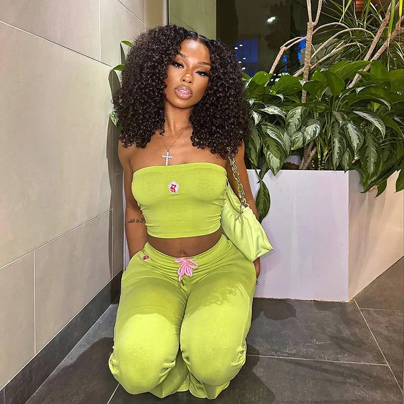 Simenual Y2K Green Floral Two-Piece Set – Strapless Tube Top & Flare Pants Co-ord Outfit