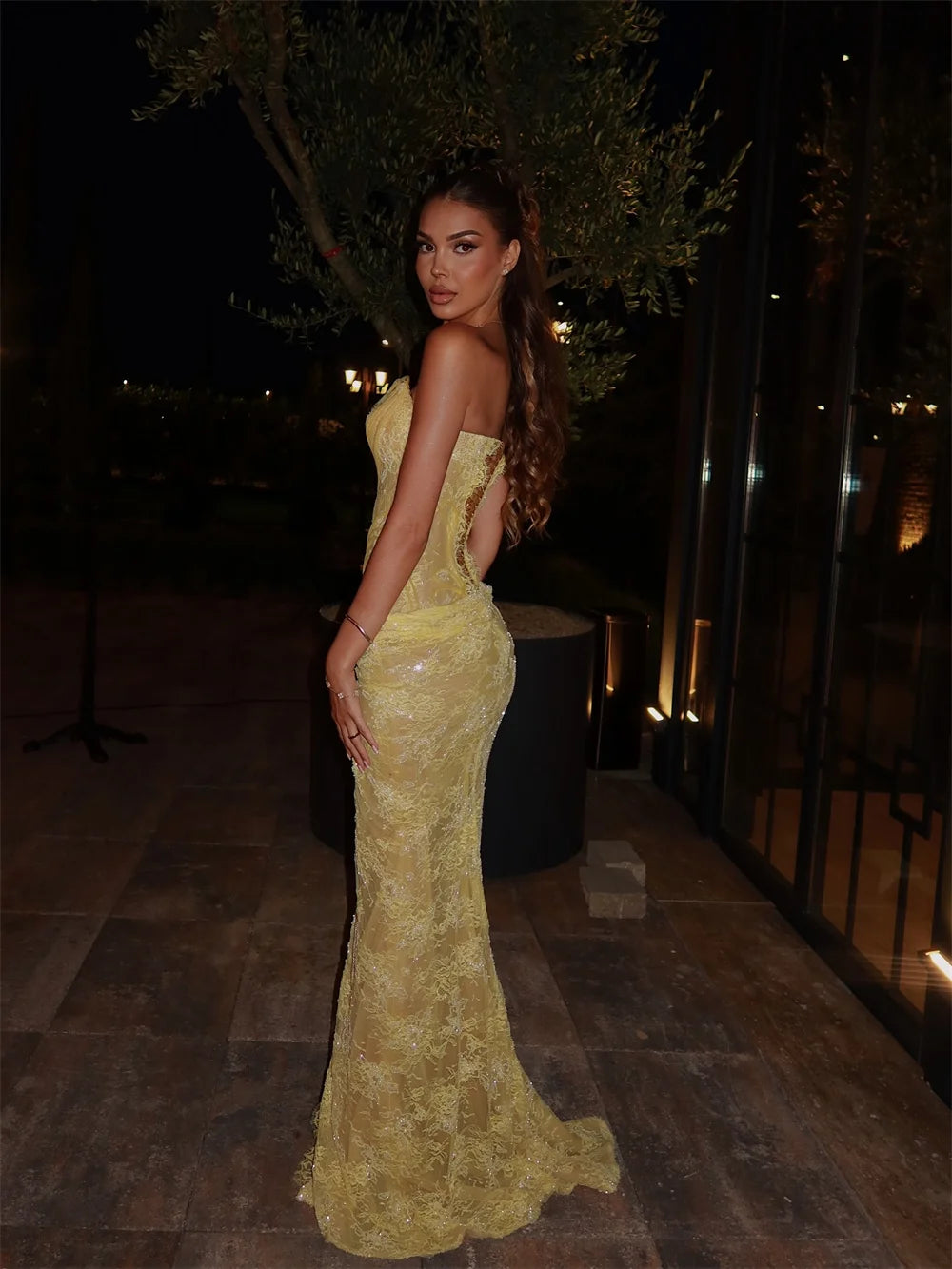 Yellow Mermaid Lace Embroidery Prom Dresses Sequins Sleeveless vestidos de noiva Side High Split Formal Evening