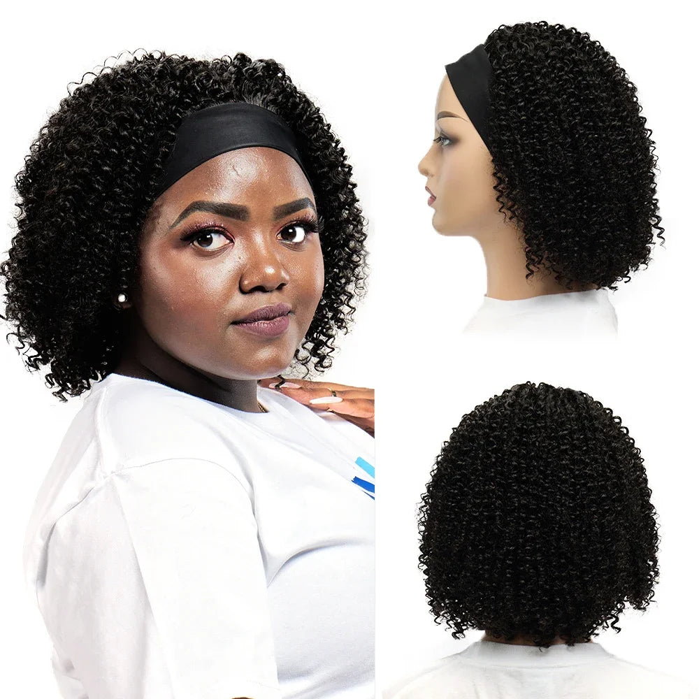 Short Kinky Curly Headband Wig – 100% Brazilian Human Hair, Full Machine Made Glueless Wig (Remy, Curly Wave)
