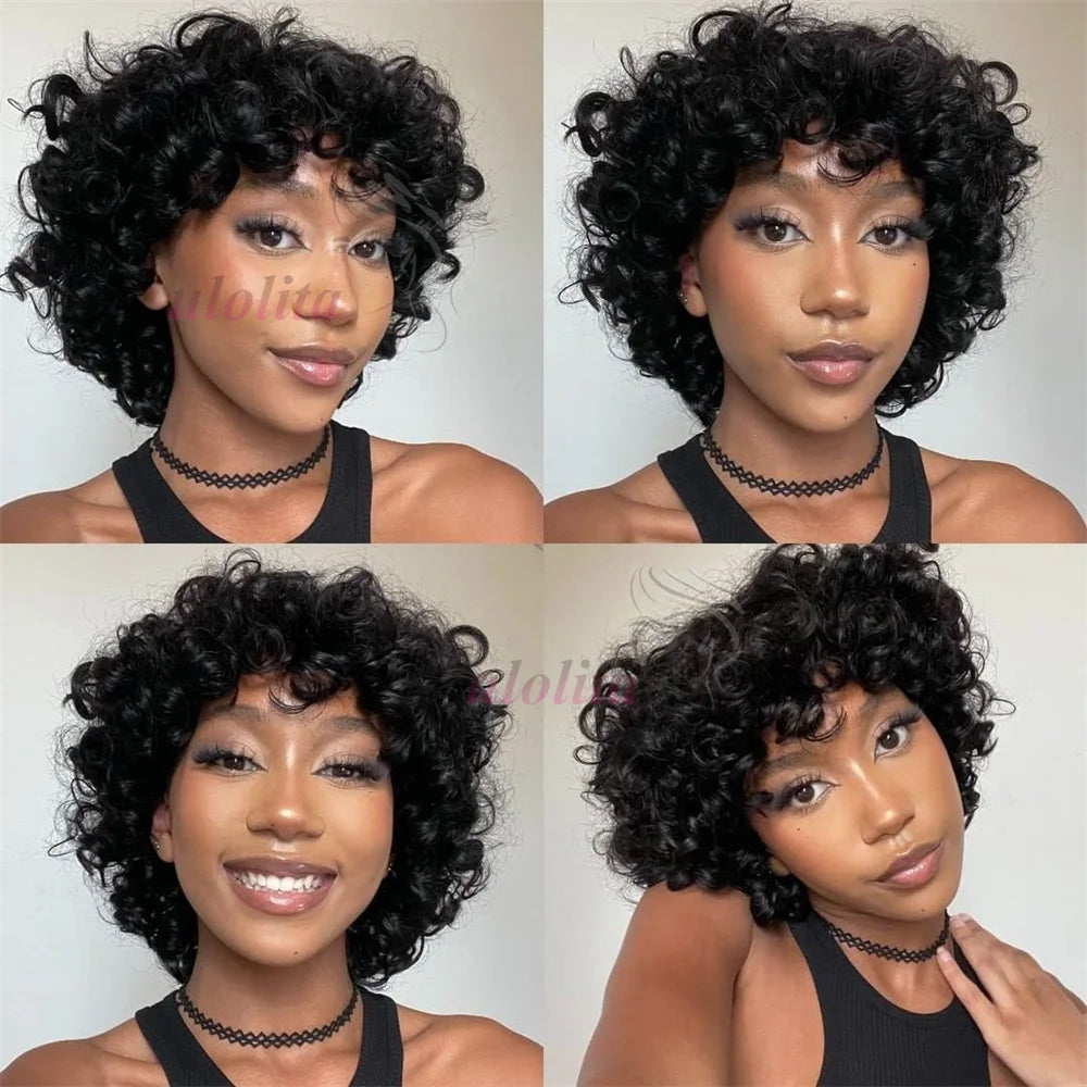 Bouncy Curly Human Hair Wig with Bangs – Pixie Cut Bob, Loose Wave 100% Remy Machine-Made Wig (200% Density)