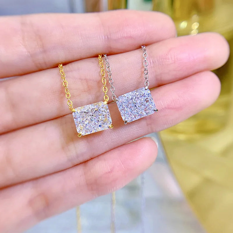 EWYA 4 Carat Radiant Baguette White Diamond Clavicle Necklace Simple Women's Lotus 925 Silver Necklaces for Women Fine Jewelry