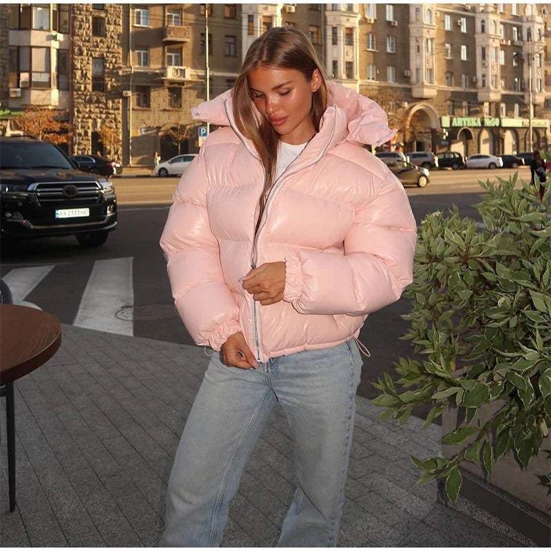 Women Glossy Surface Hooded Padded Jacket Fashion Faux Fur Zipper Cropped Jackets Lady