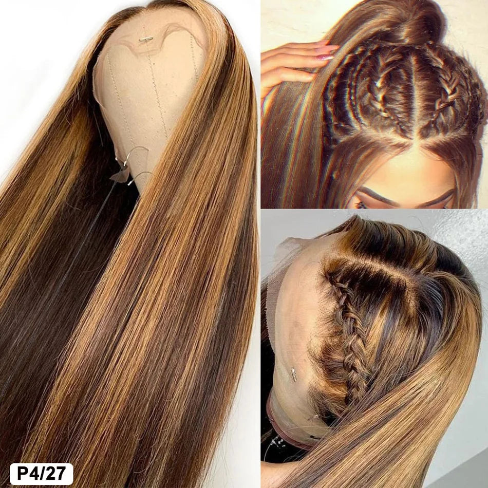 Straight Highlight 13x4 HD Transparent Lace Front Human Hair Wigs Pre Plucked Honey Blonde Colored Lace Frontal Wigs For Women