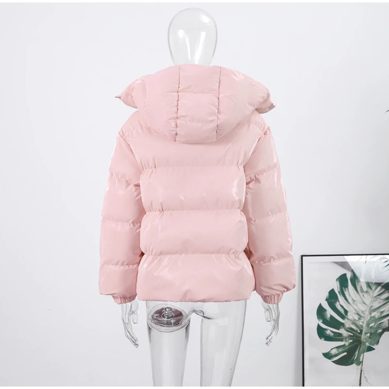 Women Glossy Surface Hooded Padded Jacket Fashion Faux Fur Zipper Cropped Jackets Lady