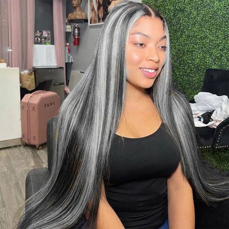 34Inch Straight Highlight Lace Frontal Wigs Human Hair Silver Grey And Black Colored Lace Front Wig For Women HD Transparent