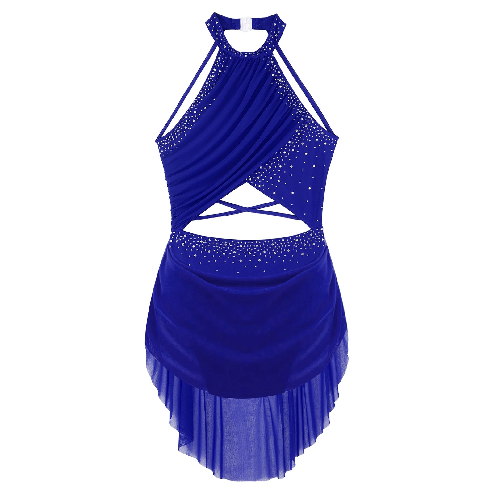 Womens Lyrical Dance Dress Performance Costume Cutout Strappy Backless Sheer Mesh Overlay Glittery Rhinestone Leotard Dress