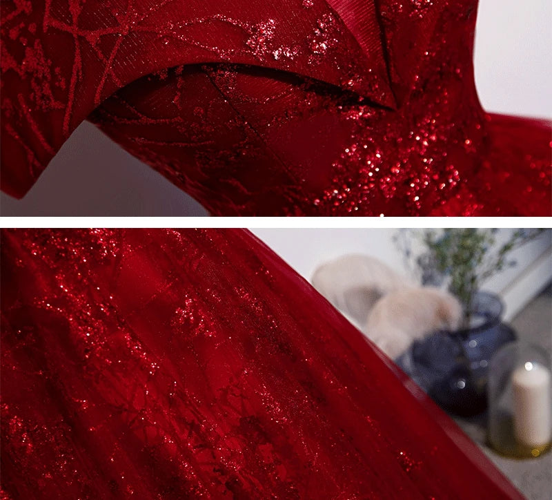 Red Evening Dress 2024 New Off The Shoulder Classic Elegant Ball Gown Sleeveless Sequined Tulle Banquet Shinning Host Customized