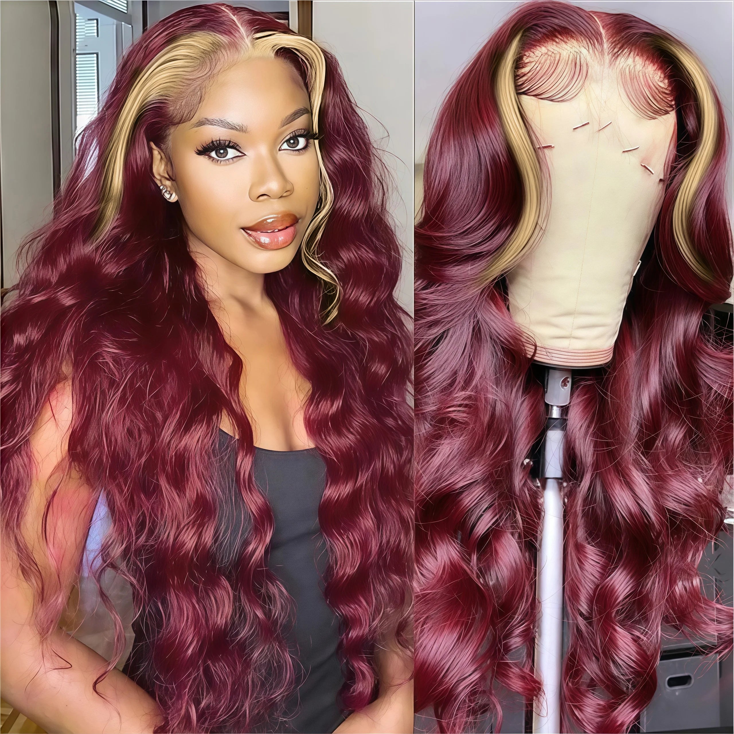 Burgundy 613 Colored Wig 200 Density 13x4 HD Lace Frontal Glueless Highlight Body Wave Human Hair Wigs