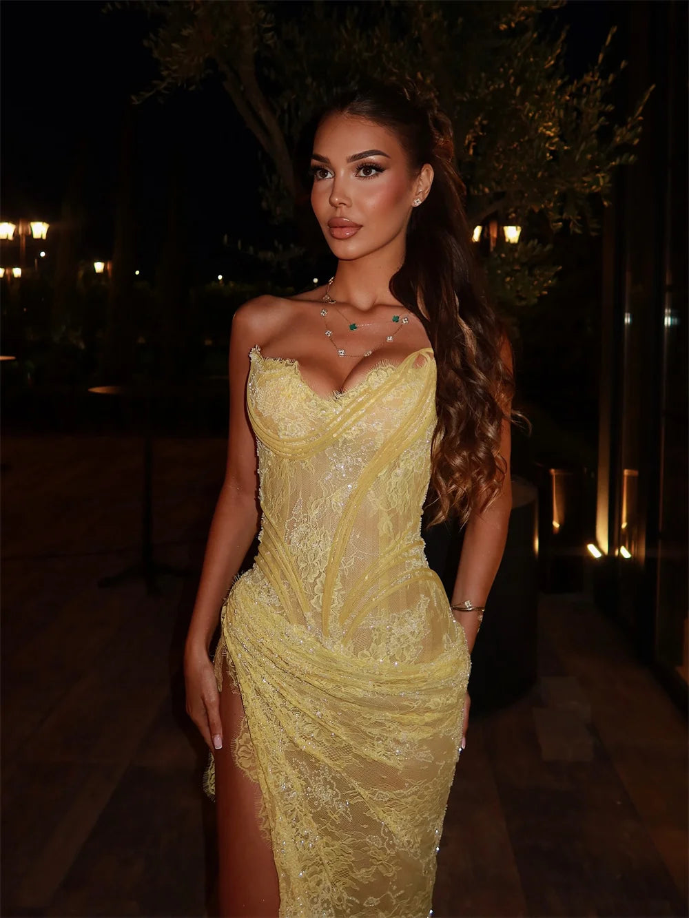 Yellow Mermaid Lace Embroidery Prom Dresses Sequins Sleeveless vestidos de noiva Side High Split Formal Evening