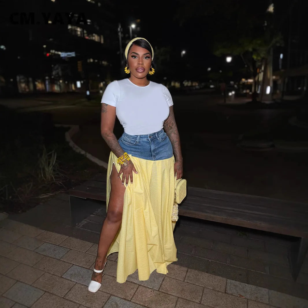 Fashion High Side Split Plaid Denim Patchwork Loose Maxi Long SkirtsSummer Streetwear Classic Party Skirt