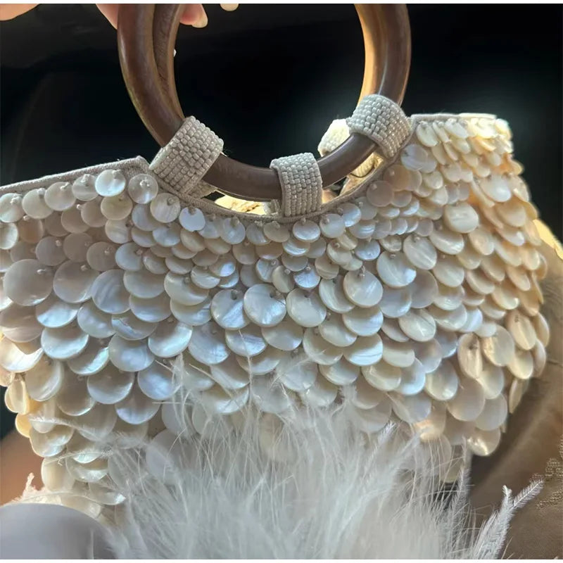 Handmade Shell Embroidery Woven Tote Bag – Luxury Straw Bucket Handbag with Wooden Handle