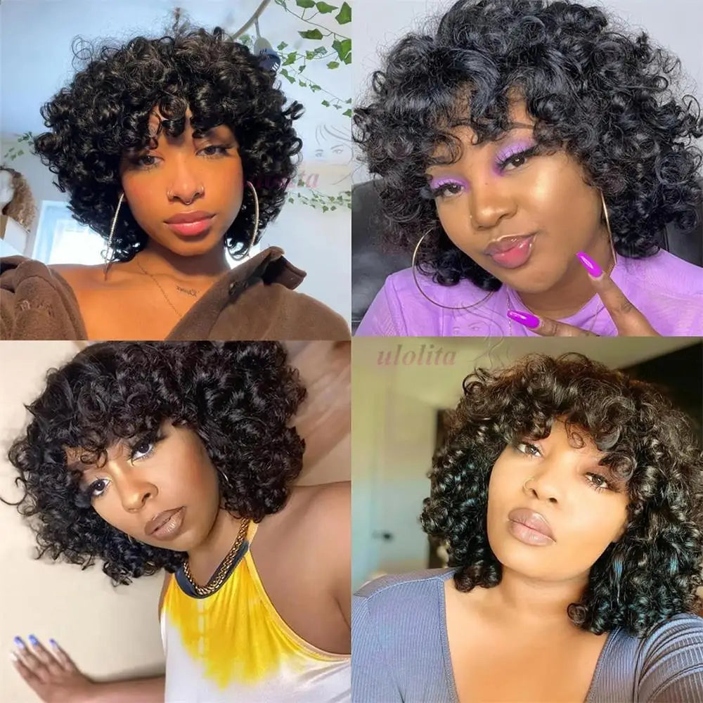 Bouncy Curly Human Hair Wig with Bangs – Pixie Cut Bob, Loose Wave 100% Remy Machine-Made Wig (200% Density)