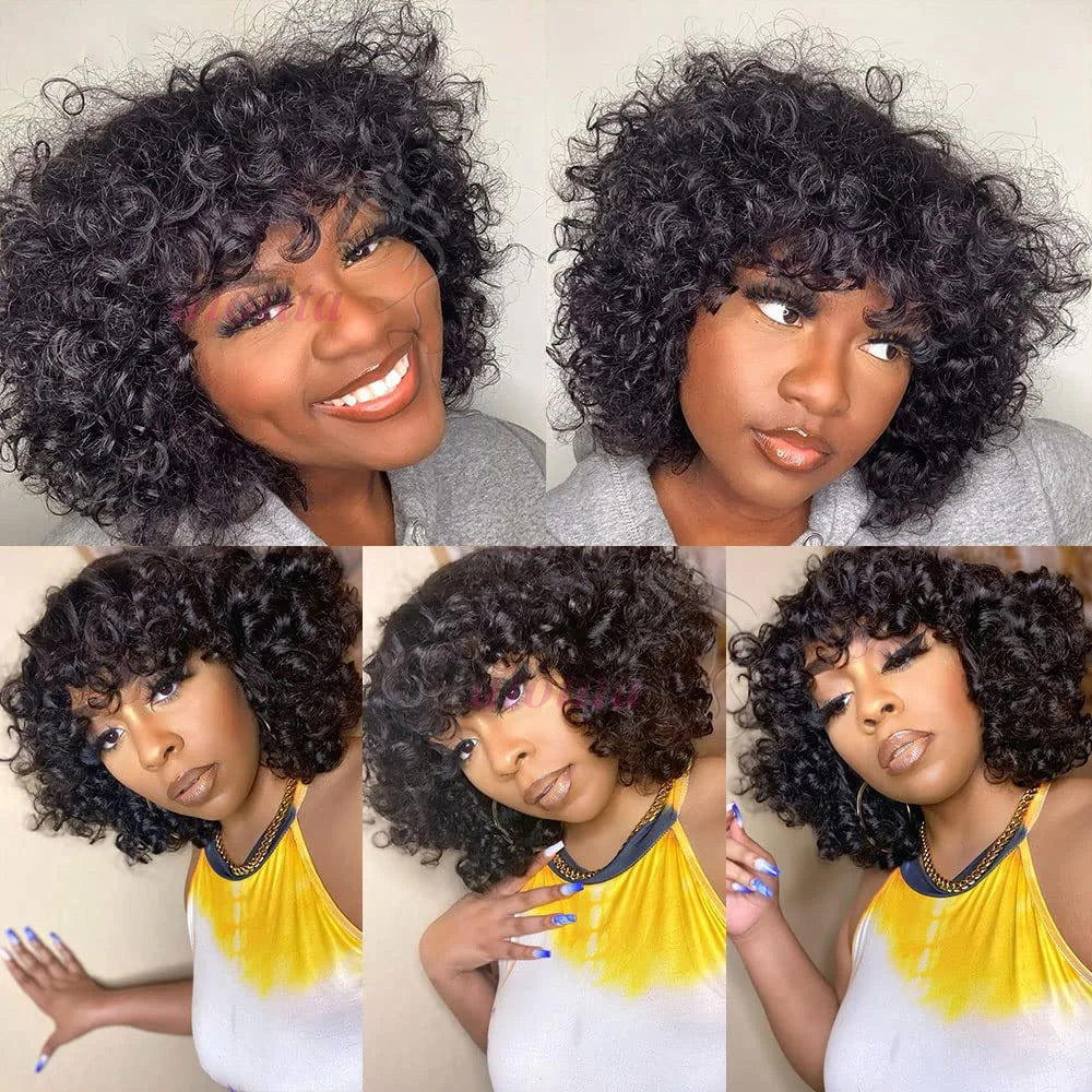 Bouncy Curly Human Hair Wig with Bangs – Pixie Cut Bob, Loose Wave 100% Remy Machine-Made Wig (200% Density)