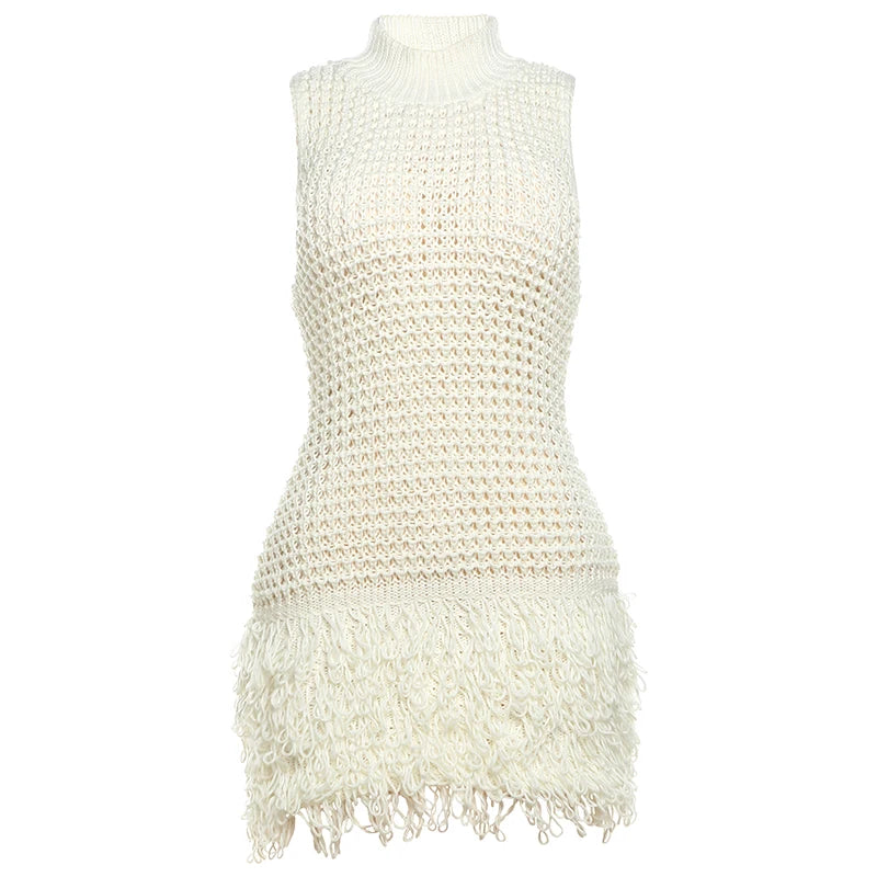 Weird Puss Crochet Dress Women Sexy Chic Y2K Summer Trend Tassel Hem Sleeveless Stretch Fashion Beach Vacation Clubwear Bodycon