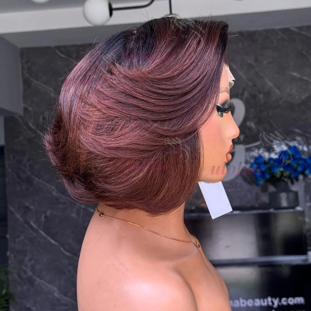 Pixie cut Bob Wig Reddish Brown Lace Closure Wig Wear and Go 4x4/13x4 Glueless Wig Minimalist Lace Bob Wig