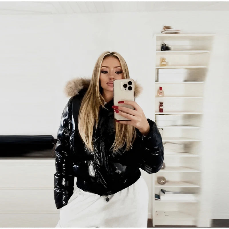 Women Glossy Surface Hooded Padded Jacket Fashion Faux Fur Zipper Cropped Jackets Lady
