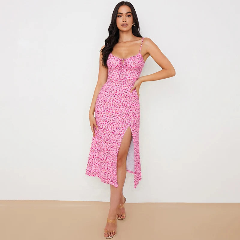 Hugcitar 2025 Floral Satin Slip Maxi Dress – Sleeveless Ruched Bandage Cut Out Party Dress