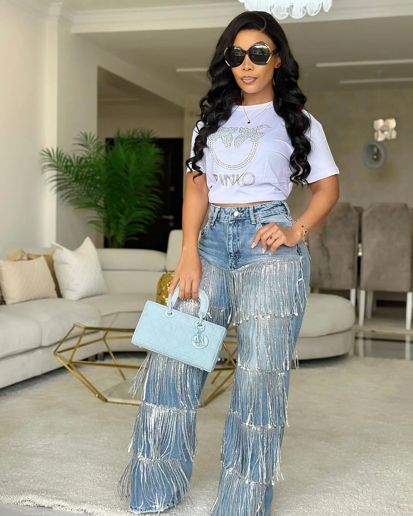 CM.YAYA Women’s Sequins Tassel Wide Leg Jeans – High Waist Vintage Denim Pants