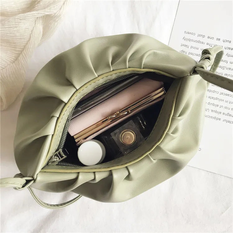 Women’s Pleated Cloud Shoulder Bag – Mini Solid Color Crossbody Handbag with Zipper