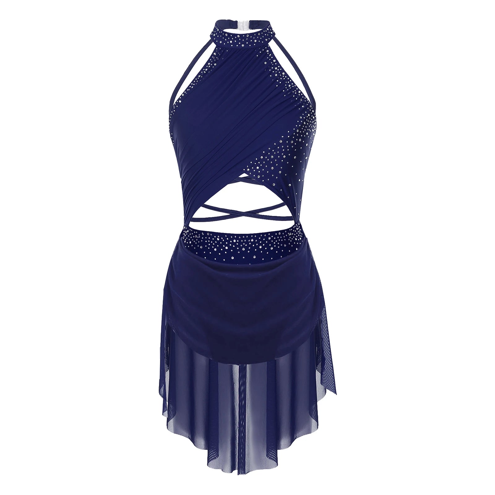 Womens Lyrical Dance Dress Performance Costume Cutout Strappy Backless Sheer Mesh Overlay Glittery Rhinestone Leotard Dress