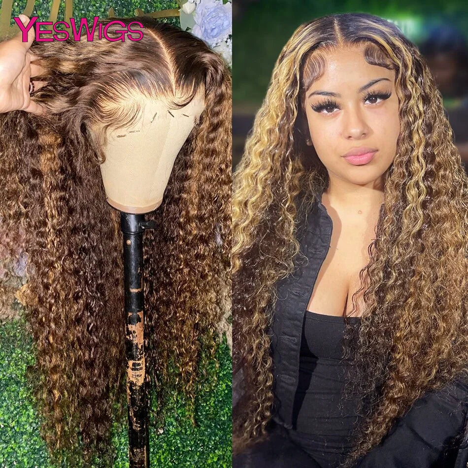 HD 13x6 Brown Lace Front Wig Honey Blonde Colored Curly Human Hair Wigs Highlight Wig Human Hair 13X4 Deep Wave Lace Frontal Wig