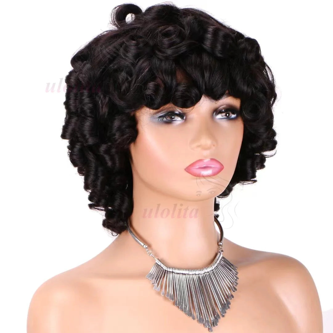 Bouncy Curly Human Hair Wig with Bangs – Pixie Cut Bob, Loose Wave 100% Remy Machine-Made Wig (200% Density)