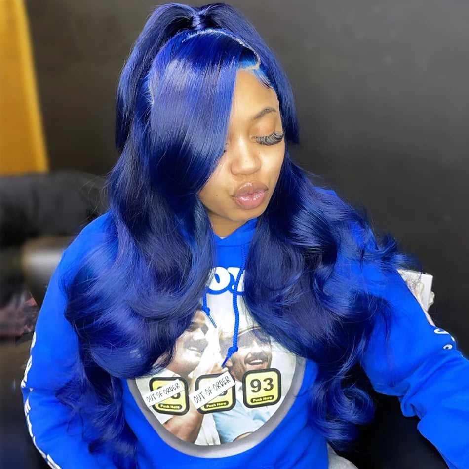 Navy Blue 13x4 Lace Front Body Wave Human Hair Wigs Brazilian Blue Colored HD Transparent Lace Front Wigs For Women Pre Plucked