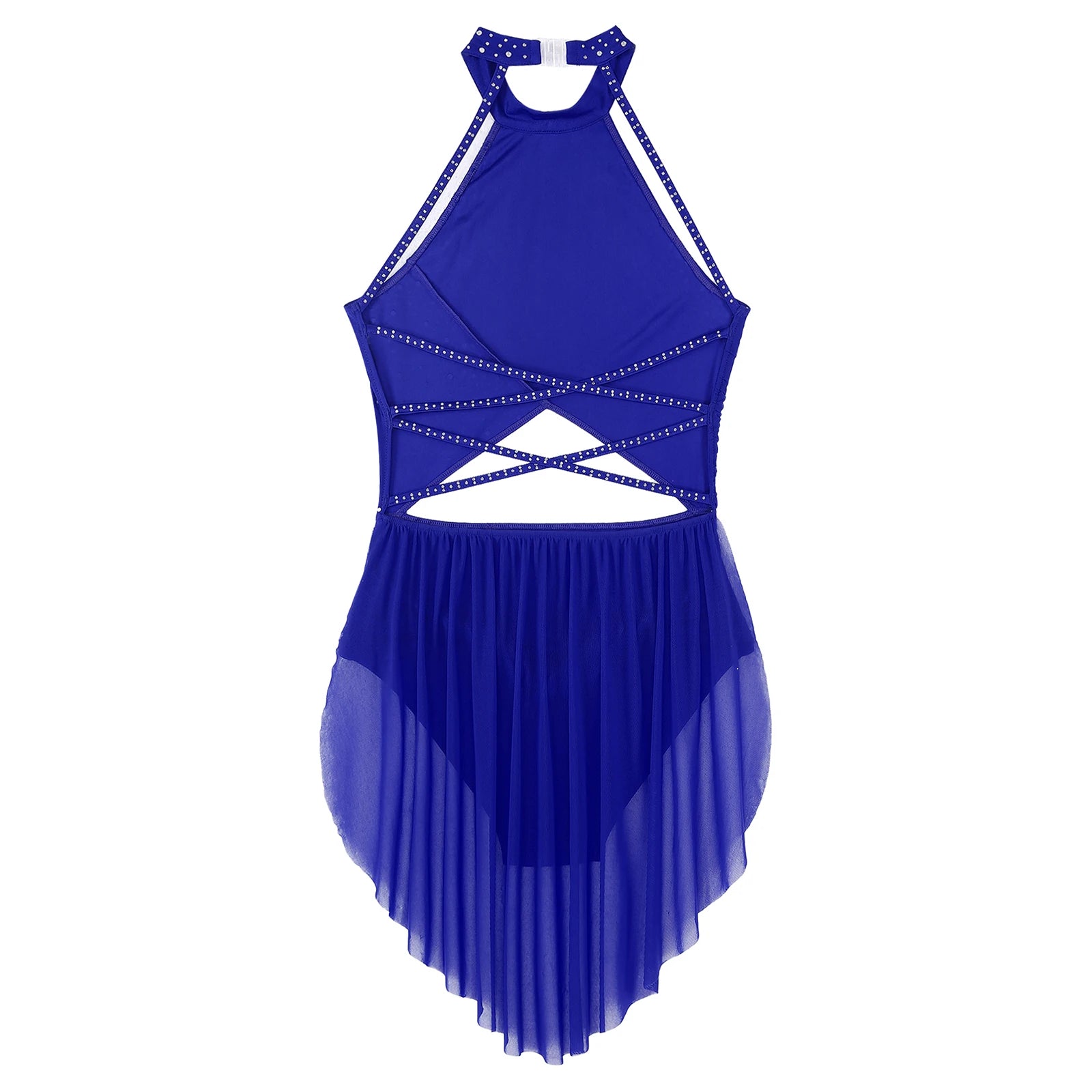 Womens Lyrical Dance Dress Performance Costume Cutout Strappy Backless Sheer Mesh Overlay Glittery Rhinestone Leotard Dress