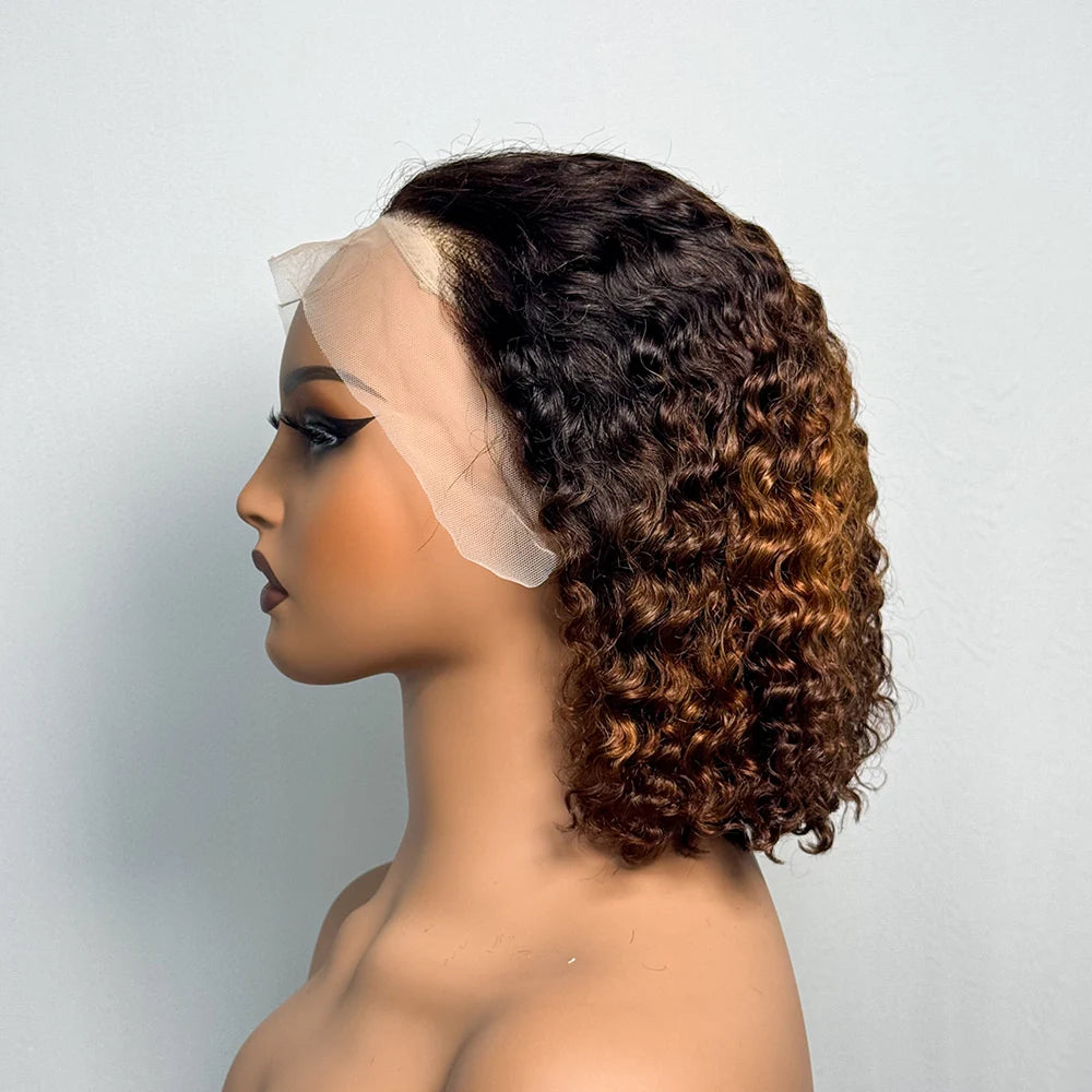 250% Density Double Drawn 12A 10 Inches Bob Pixie Cut Water Wave Curly Human Hair Wig 13x4 Transparent Lace Front Human Hair Wig