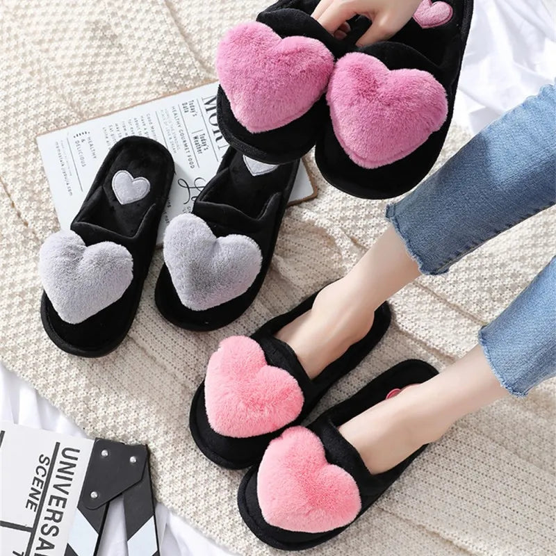 Women’s Plush Heart Slippers – Warm Indoor Non-Slip Winter House Shoes