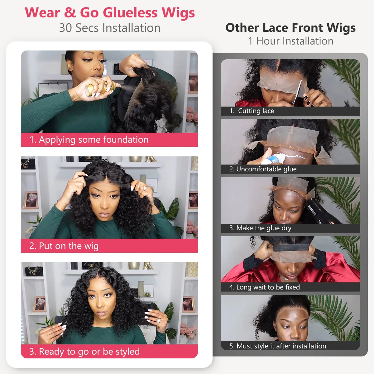 Curly Glueless Human Hair Wigs - Deep Wave Ready to Wear