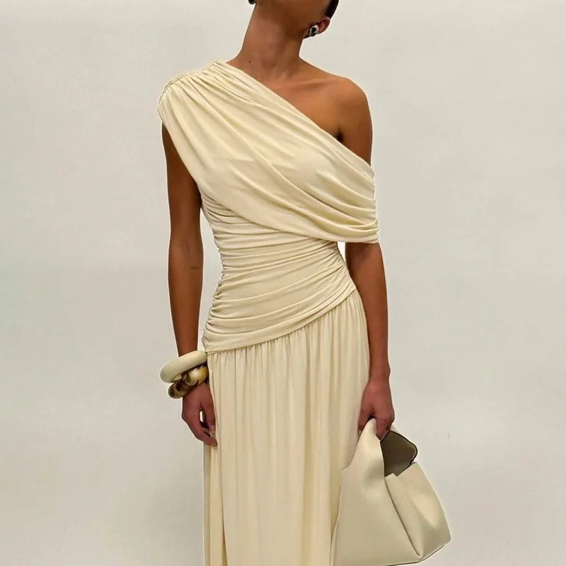 ELSVIOS Women’s High Waist Pleated Maxi Dress – Sexy One Shoulder Summer Party Dress