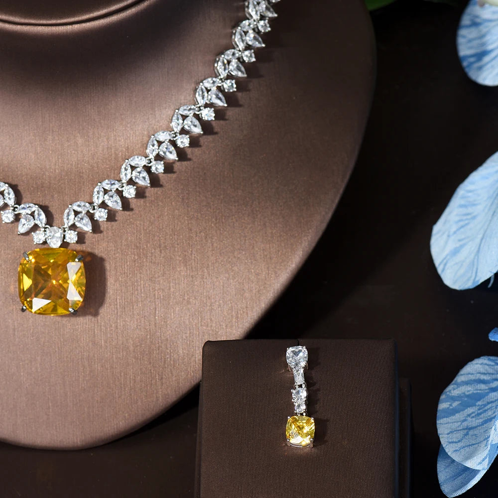 HIBRIDE 2PCS Square Design Women Necklace And Earring Sets Cubic Zirconia Yellow Color Jewelry Sets For Bridal Wedding