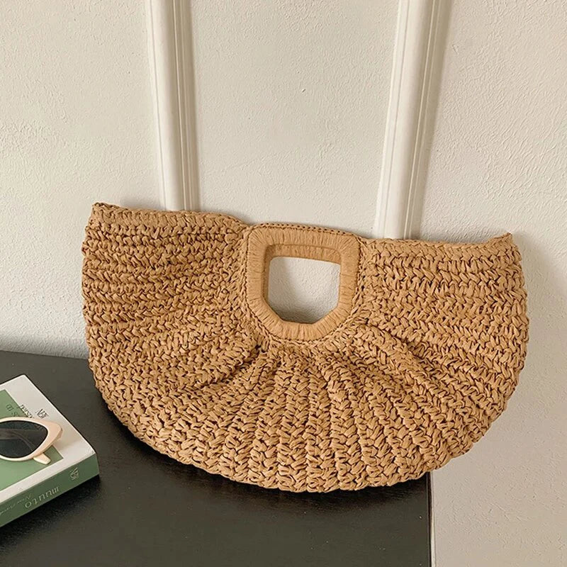 Handmade Shell Embroidery Woven Tote Bag – Luxury Straw Bucket Handbag with Wooden Handle