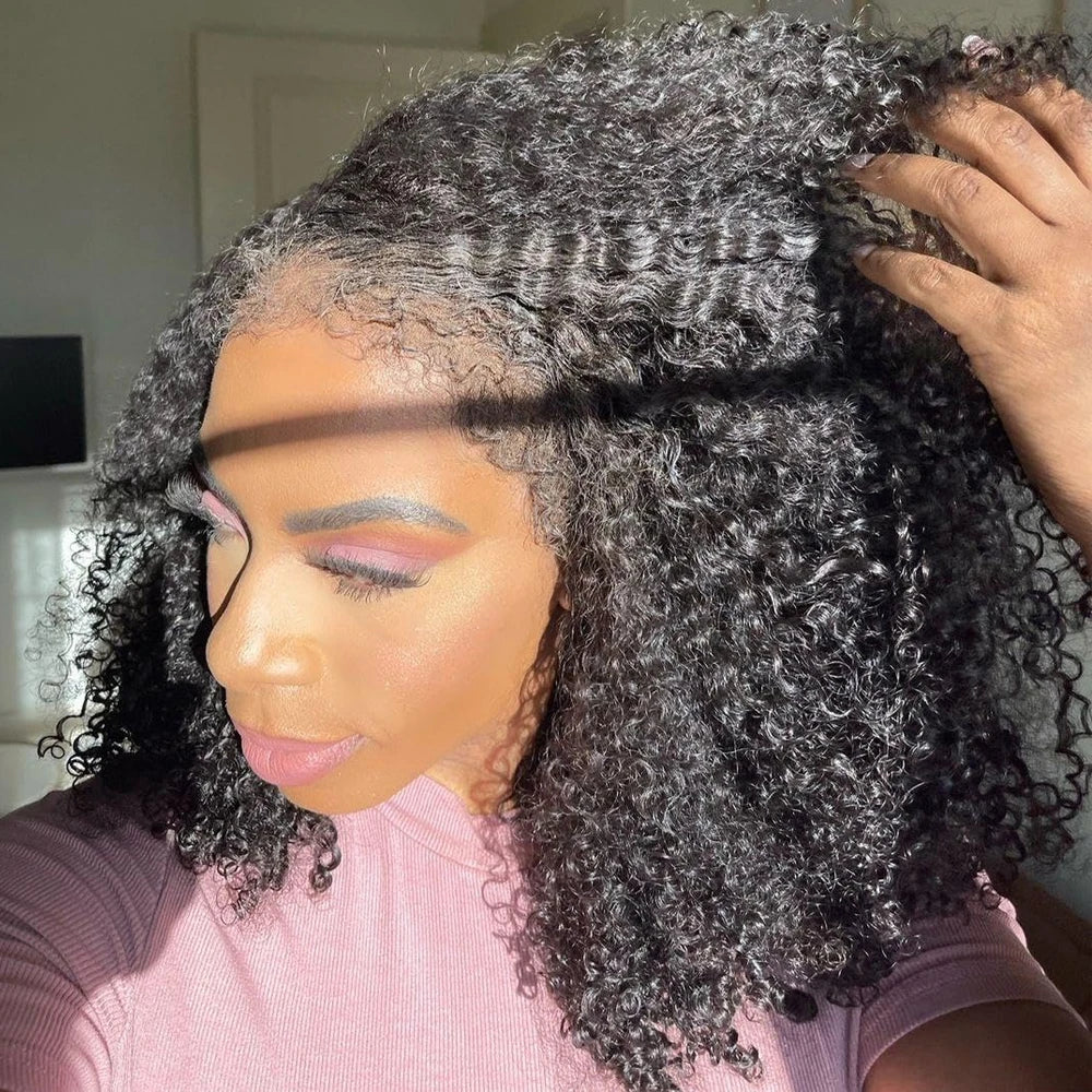 Short Bob Kinky Curly Human Hair Wig – 4C Edges Lace Front & 4x4 Closure, Transparent Lace Natural Hairline (100% Remy)