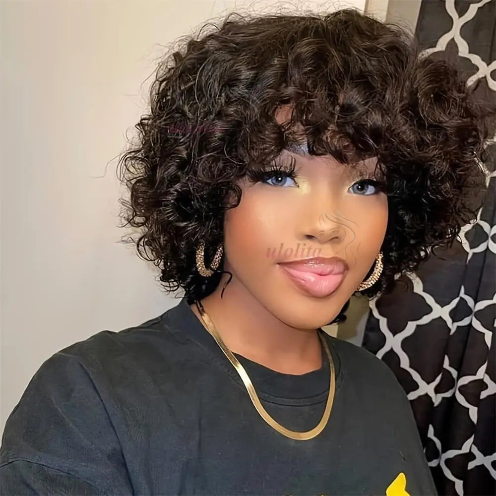 Bouncy Curly Human Hair Wig with Bangs – Pixie Cut Bob, Loose Wave 100% Remy Machine-Made Wig (200% Density)