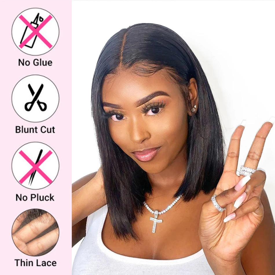 Glueless Wig Straight Short Bob Human Hair Wigs 13x4 HD Transparent Lace Frontal Peruvain Remy Hair Bob Glueless Wig