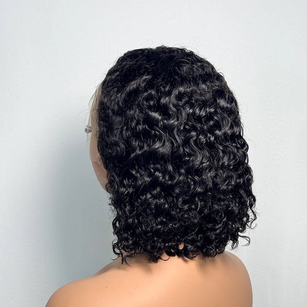 250% Density Double Drawn 12A 10 Inches Bob Pixie Cut Water Wave Curly Human Hair Wig 13x4 Transparent Lace Front Human Hair Wig