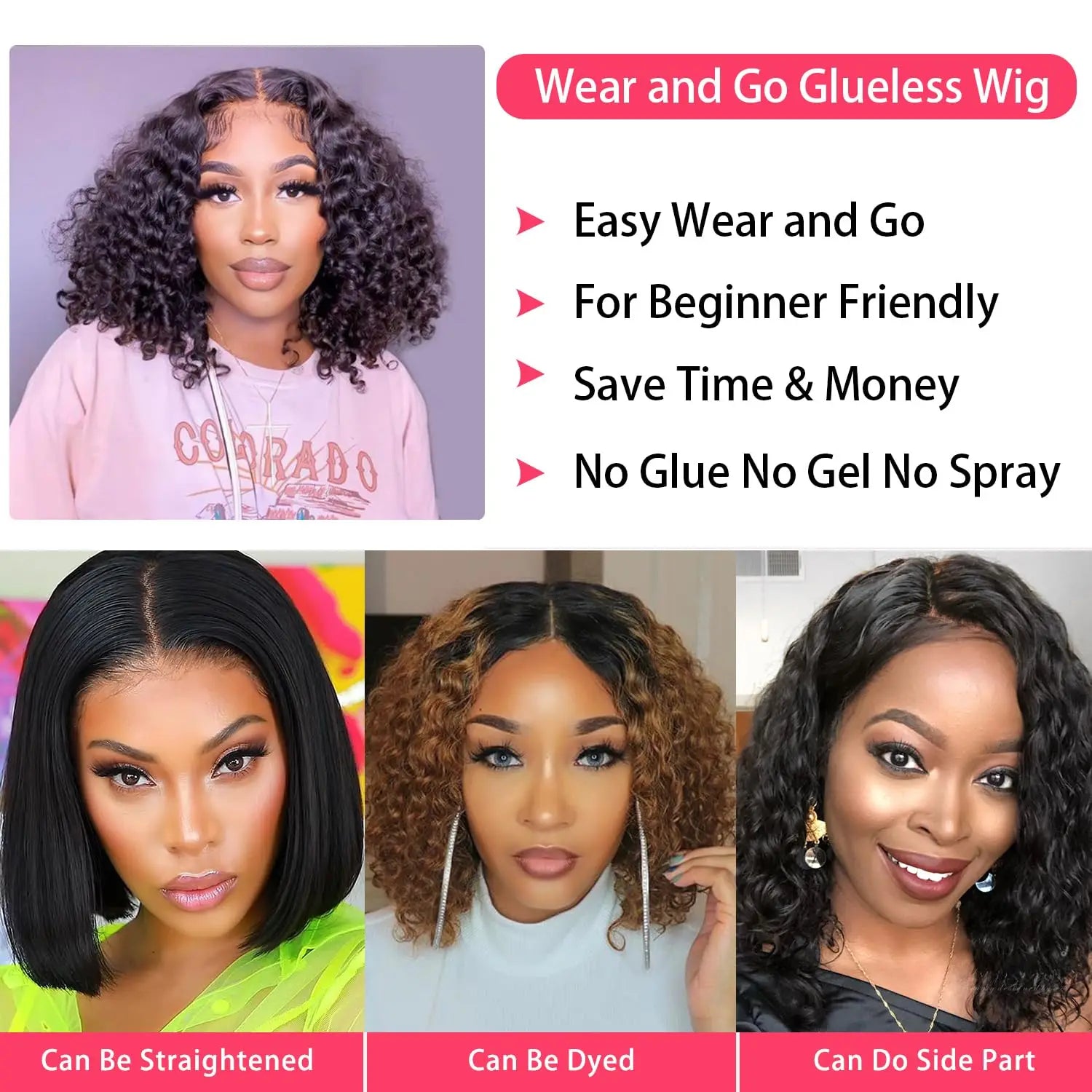 Wear and Go Bob Wig Human Hair Water Wave Glueless Wigs Pre Plucked Pre Cut 2x4 Lace  150%-200%-250% Density for Women Friendly