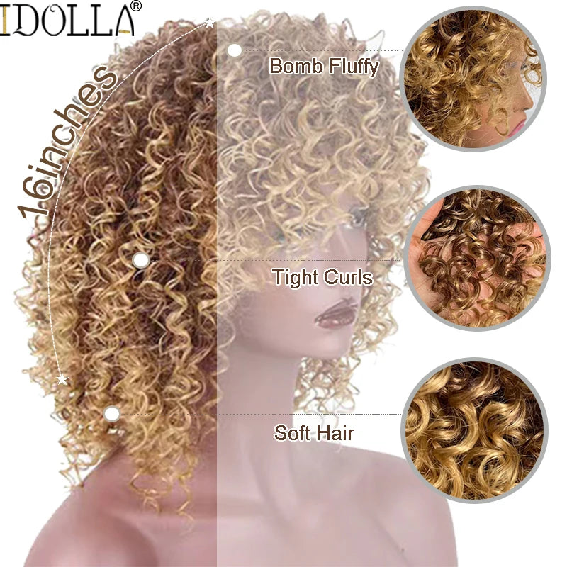Kinky Curly Wig with Bangs – Short Afro Synthetic Blonde Wig, Glueless High-Temperature Fiber for Daily & Cosplay