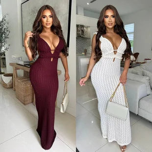 Dress Woman Hollow Ruffles Summer Backless Straps Solid Lace Tierred Chic Elegant Party Skinny Vestidos