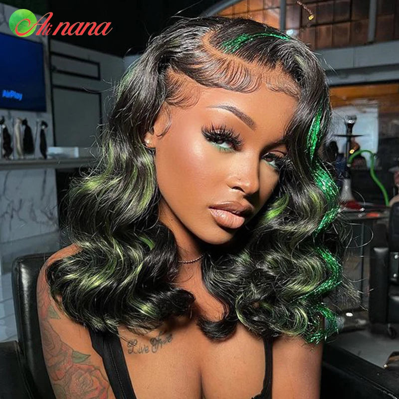 Highlights Green Colored With Glitter Strands Loose Curly Hairstyle 13x6 Lace Frontal Wig Human Hair Wigs For Black Women